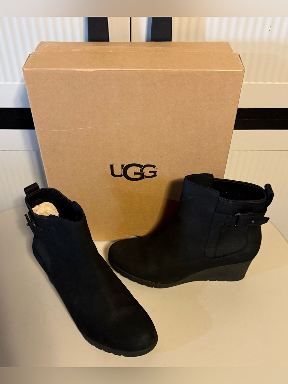 UGG “Indra” Black Suede Wedge Ankle Booties Great with Pants!